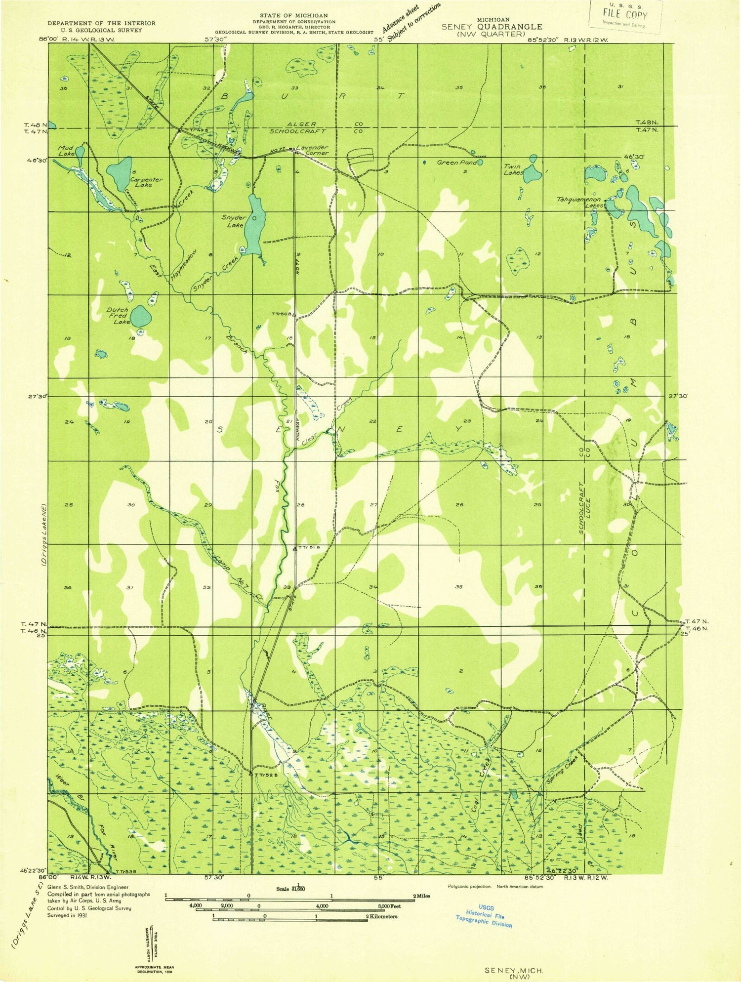 Classic USGS Seney NW Michigan 7.5'x7.5' Topo Map Image