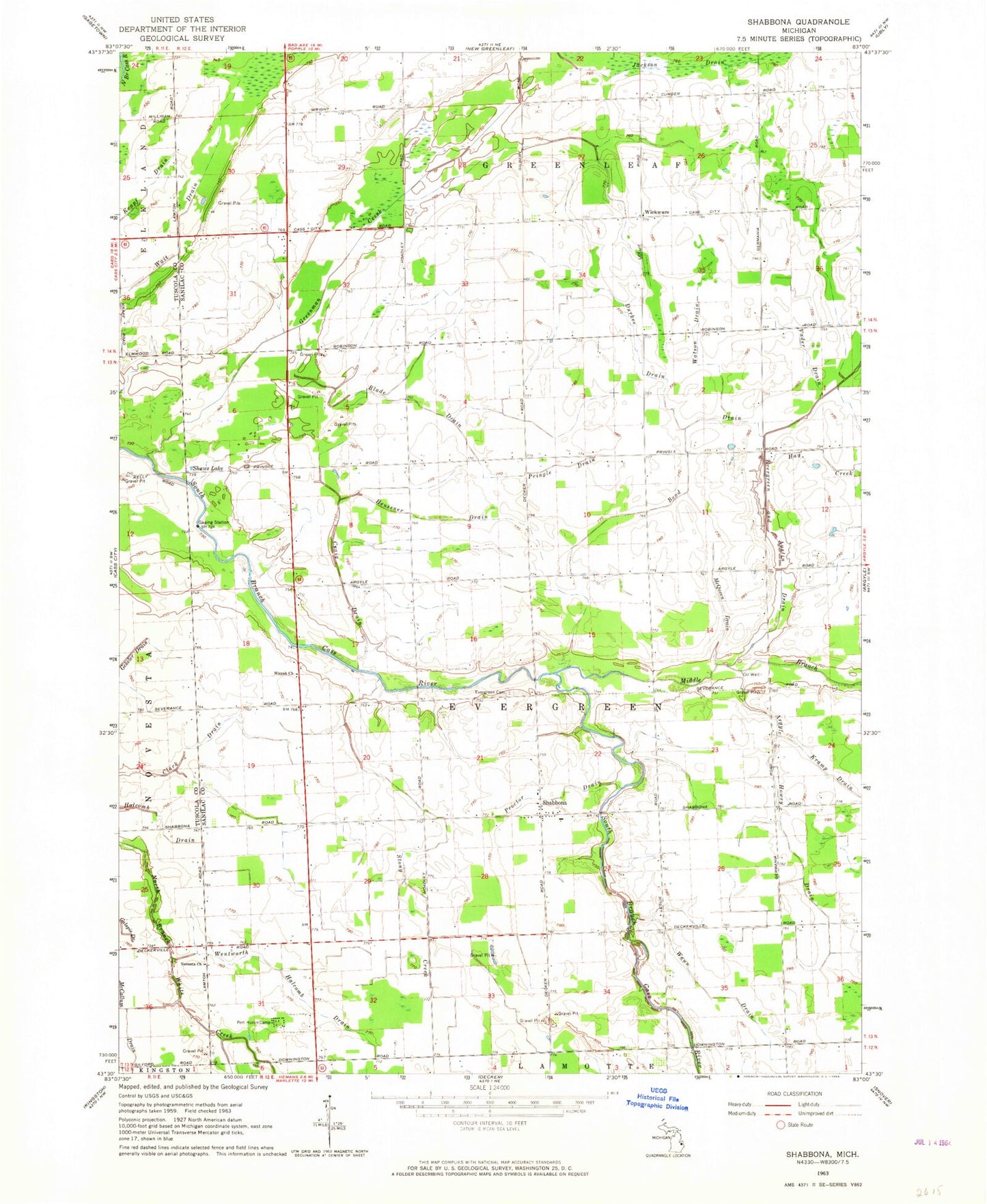 Classic USGS Shabbona Michigan 7.5'x7.5' Topo Map Image