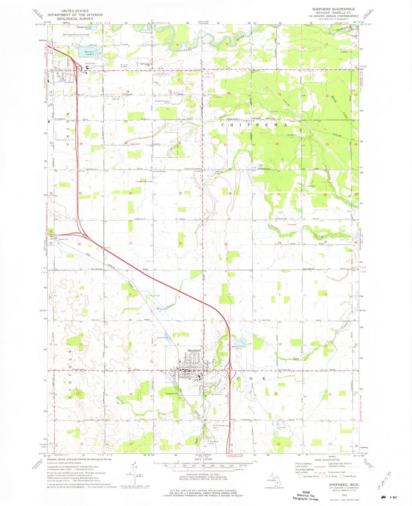 Classic USGS Shepherd Michigan 7.5'x7.5' Topo Map Image