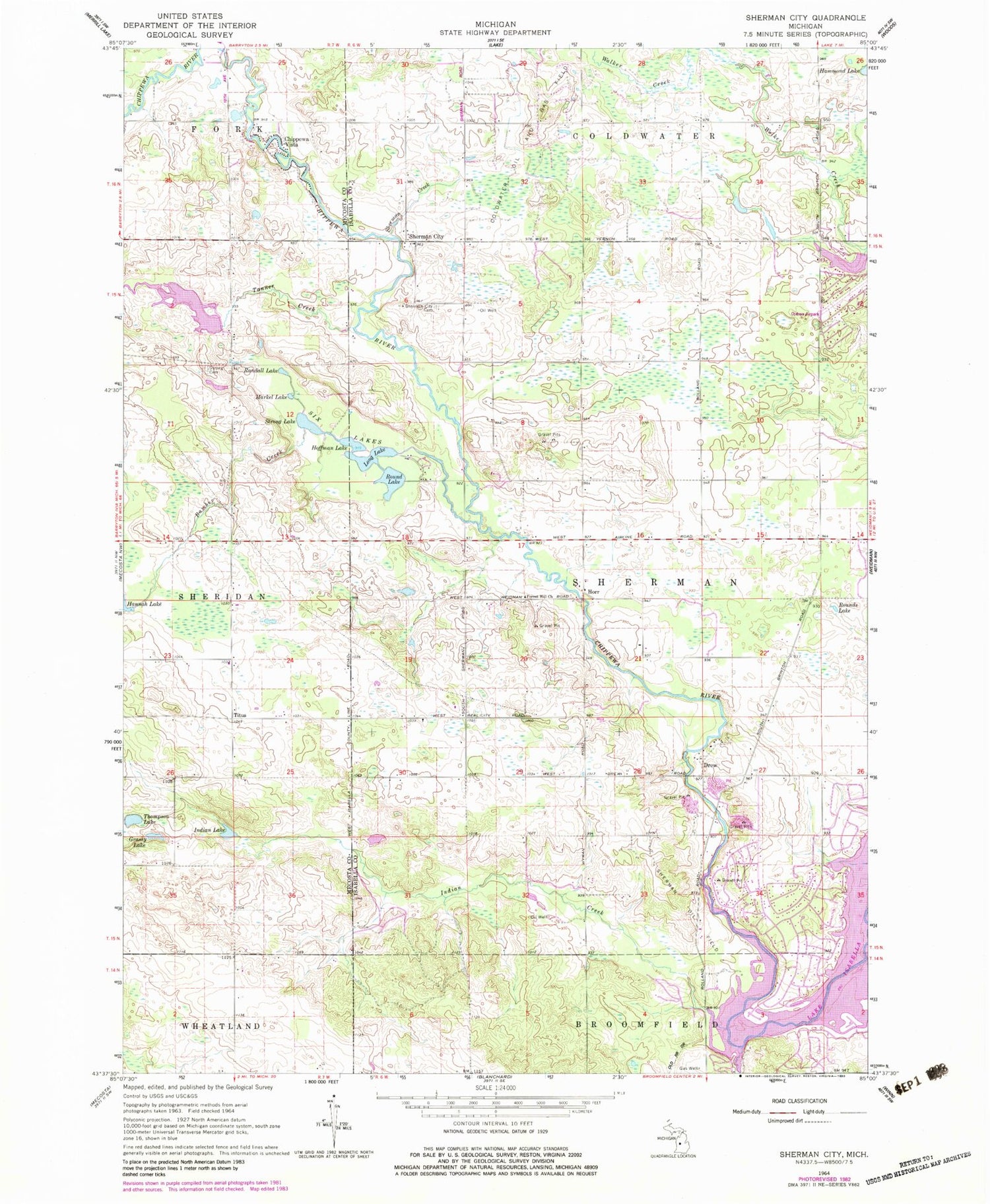 Classic USGS Sherman City Michigan 7.5'x7.5' Topo Map Image