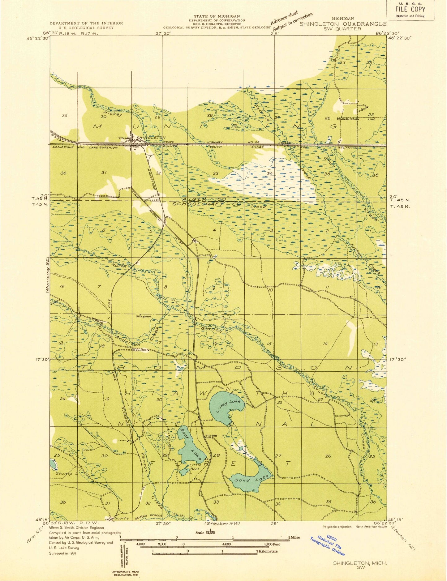 Classic USGS Shingleton Michigan 7.5'x7.5' Topo Map Image