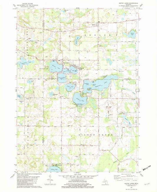 Classic USGS Sister Lakes Michigan 7.5'x7.5' Topo Map Image