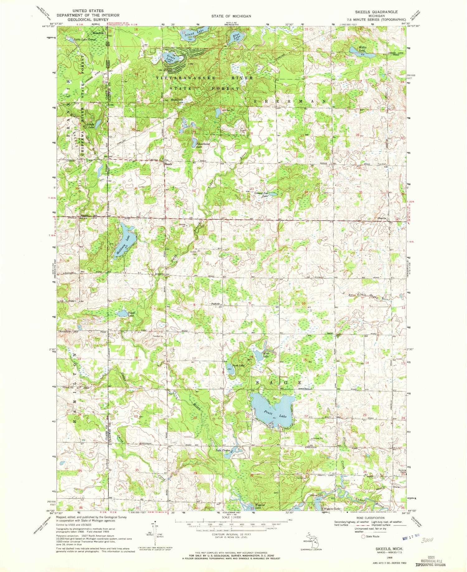 Classic USGS Skeels Michigan 7.5'x7.5' Topo Map Image