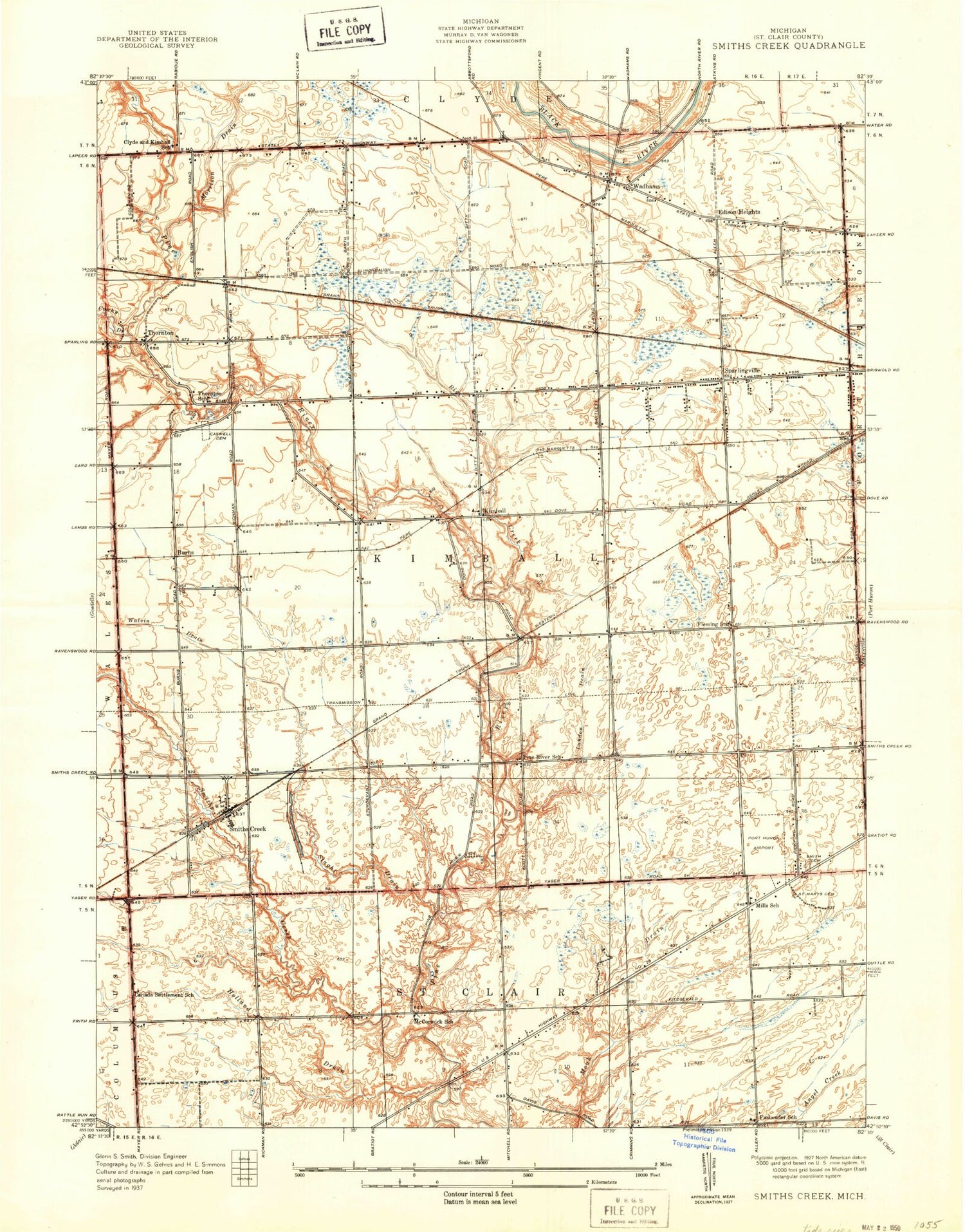 Classic USGS Smiths Creek Michigan 7.5'x7.5' Topo Map Image