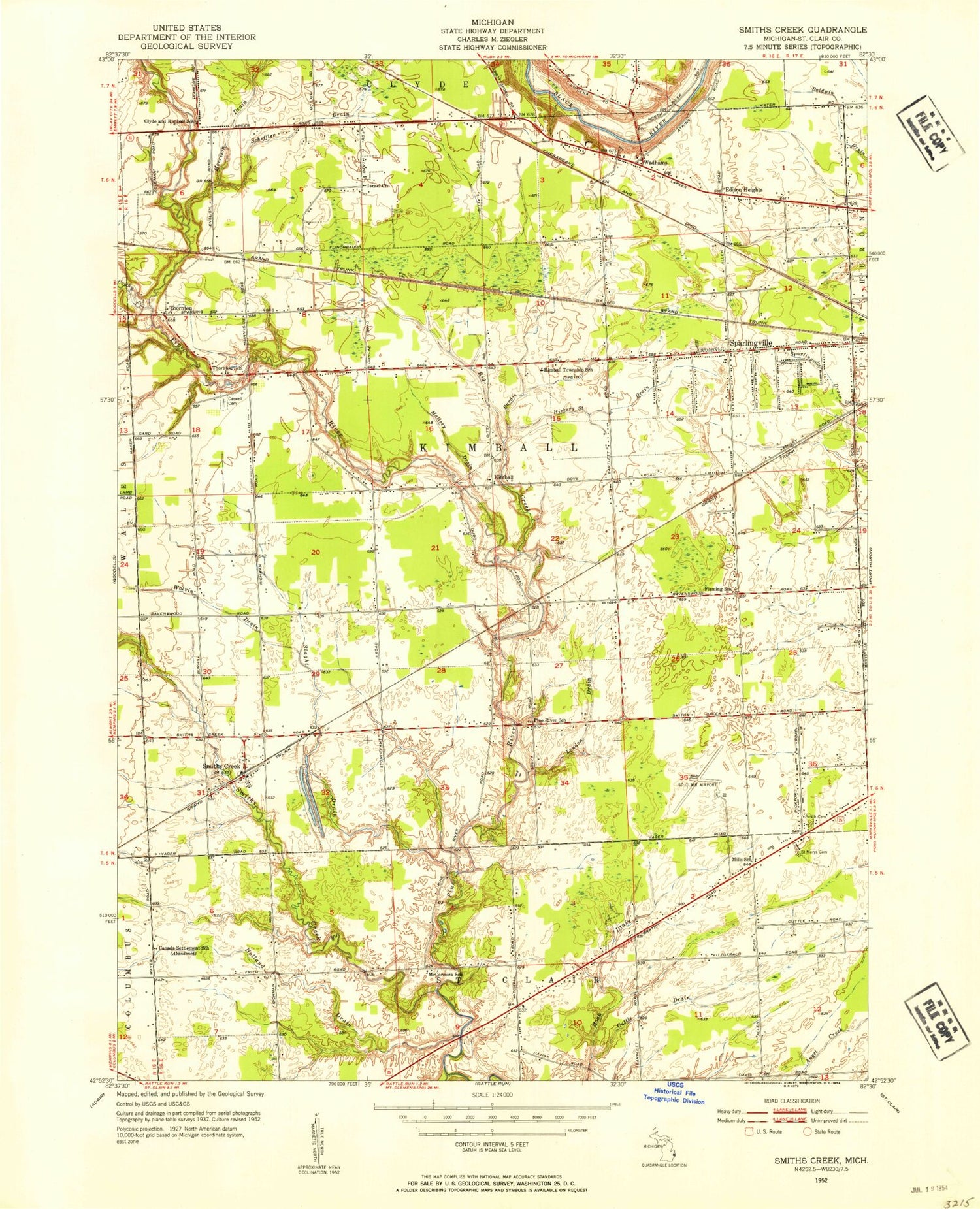 Classic USGS Smiths Creek Michigan 7.5'x7.5' Topo Map Image