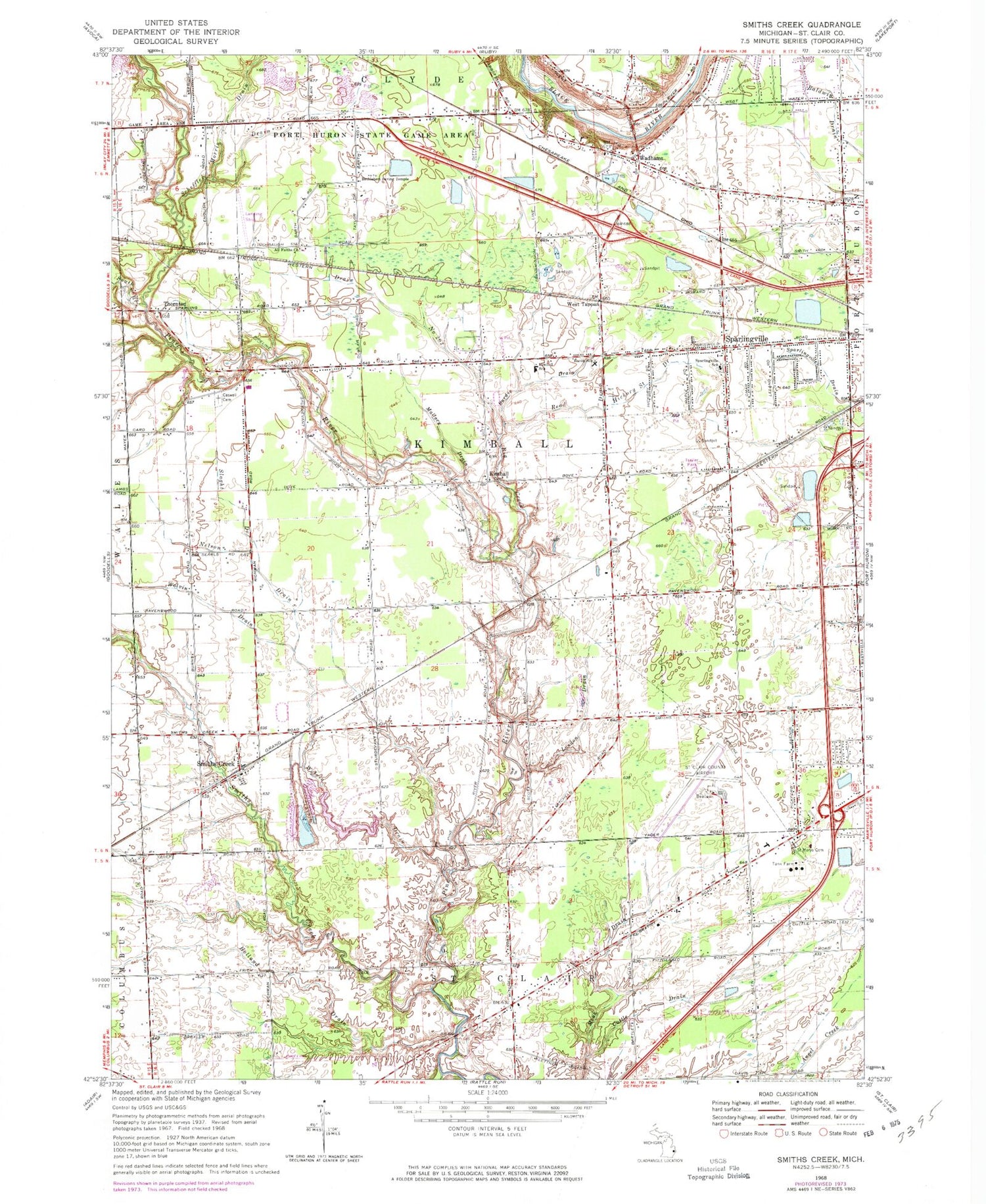 Classic USGS Smiths Creek Michigan 7.5'x7.5' Topo Map Image