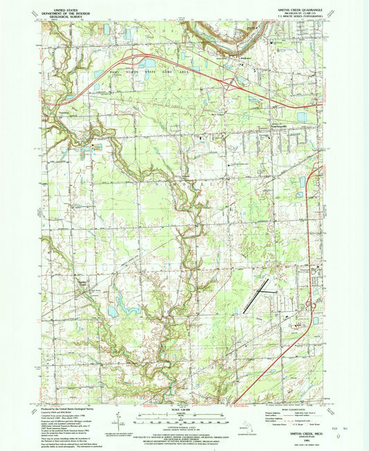 Classic USGS Smiths Creek Michigan 7.5'x7.5' Topo Map Image