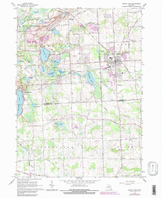 Classic USGS South Lyon Michigan 7.5'x7.5' Topo Map Image