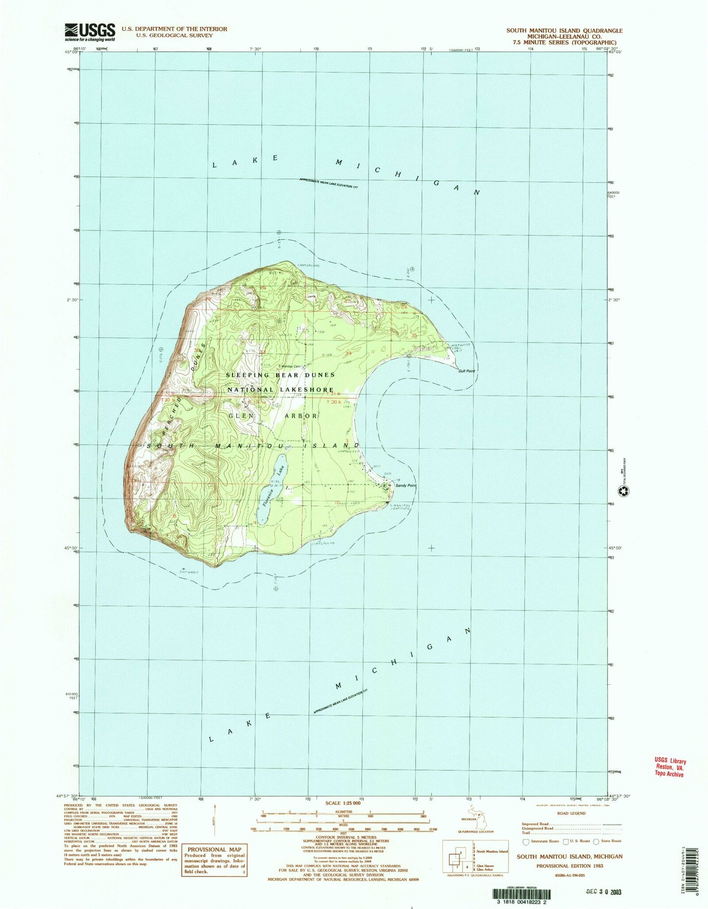 Classic USGS South Manitou Island Michigan 7.5'x7.5' Topo Map Image