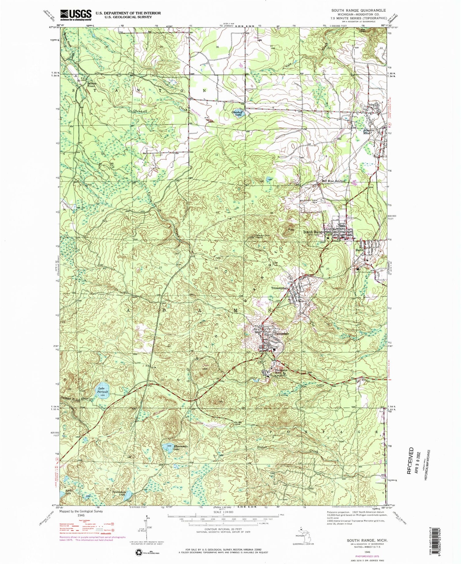 Classic USGS South Range Michigan 7.5'x7.5' Topo Map Image