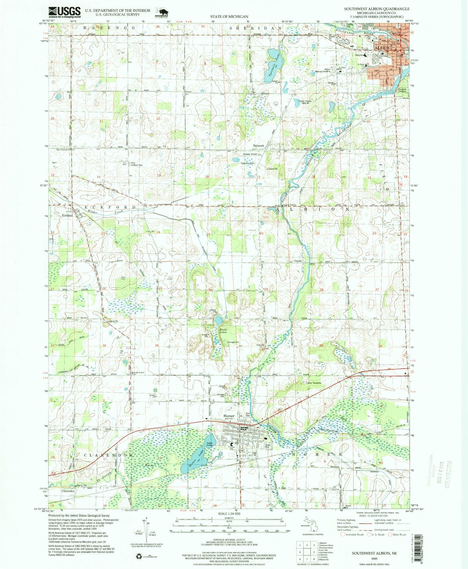 Classic USGS Southwest Albion Michigan 7.5'x7.5' Topo Map Image