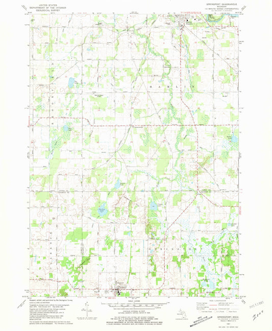 Classic USGS Springport Michigan 7.5'x7.5' Topo Map Image