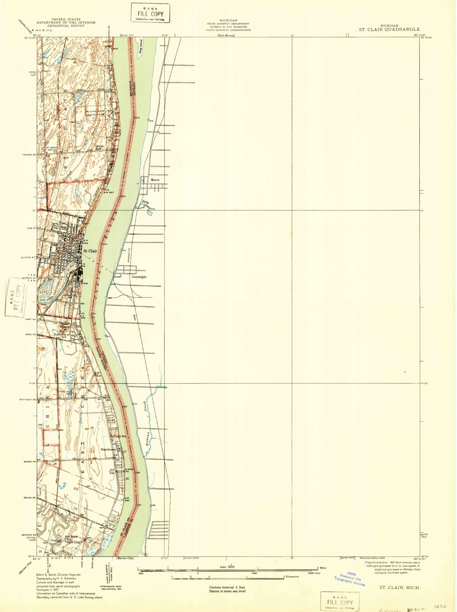 Classic USGS St. Clair Michigan 7.5'x7.5' Topo Map Image
