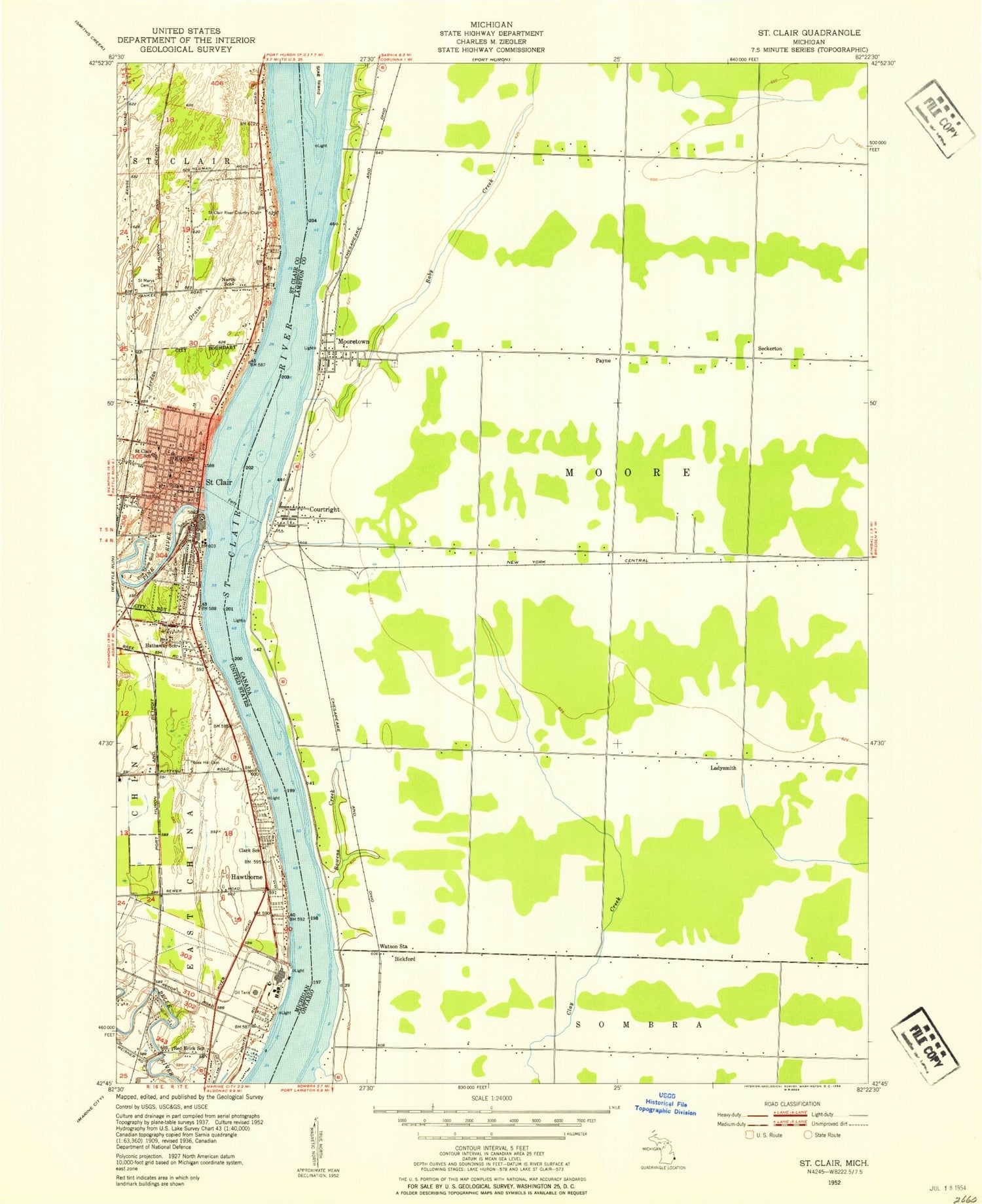 Classic USGS St. Clair Michigan 7.5'x7.5' Topo Map Image