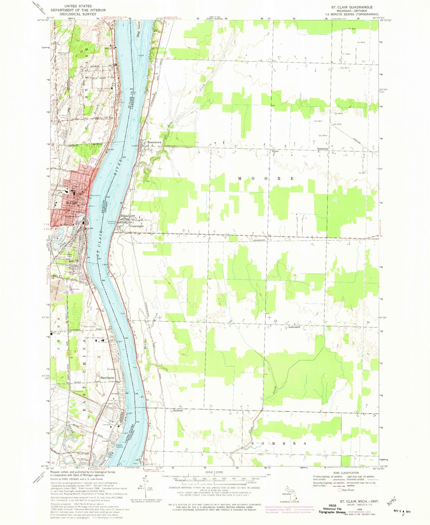 Classic USGS St. Clair Michigan 7.5'x7.5' Topo Map Image
