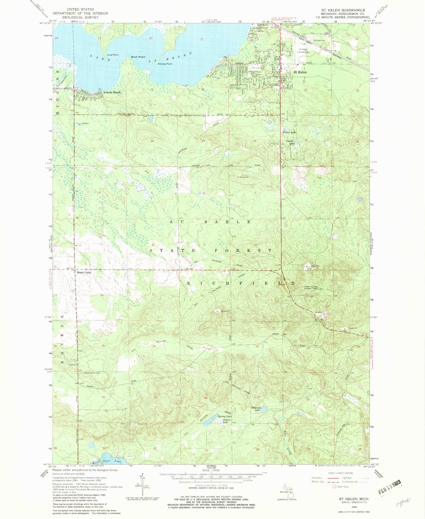 Classic USGS Saint Helen Michigan 7.5'x7.5' Topo Map Image