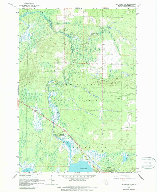 Classic USGS Saint Helen NW Michigan 7.5'x7.5' Topo Map Image