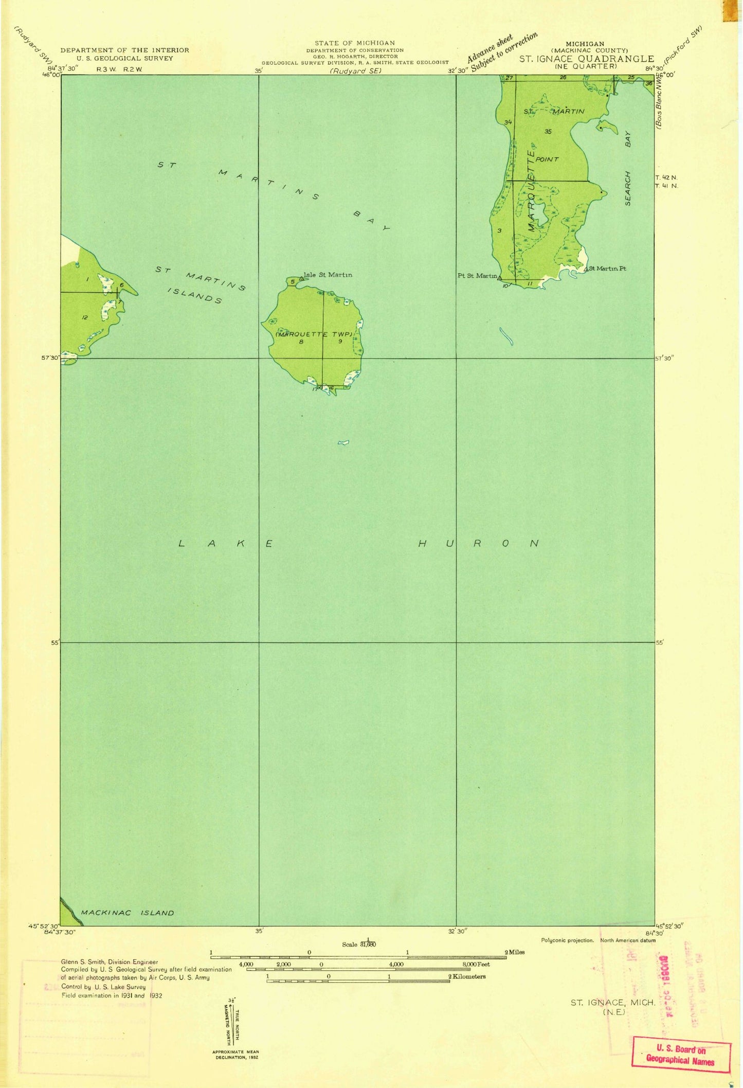 Classic USGS Saint Martin Island Michigan 7.5'x7.5' Topo Map Image