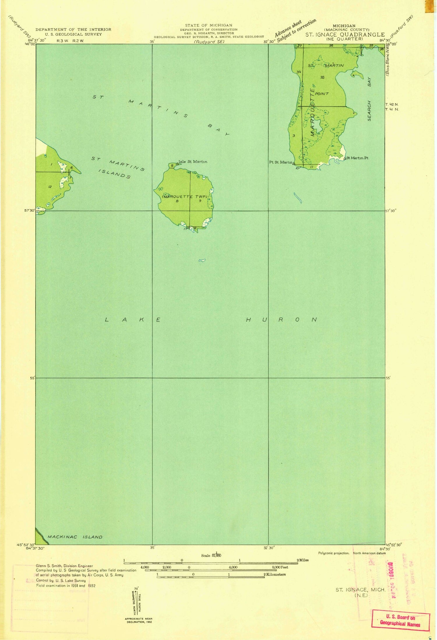 Classic USGS Saint Martin Island Michigan 7.5'x7.5' Topo Map Image