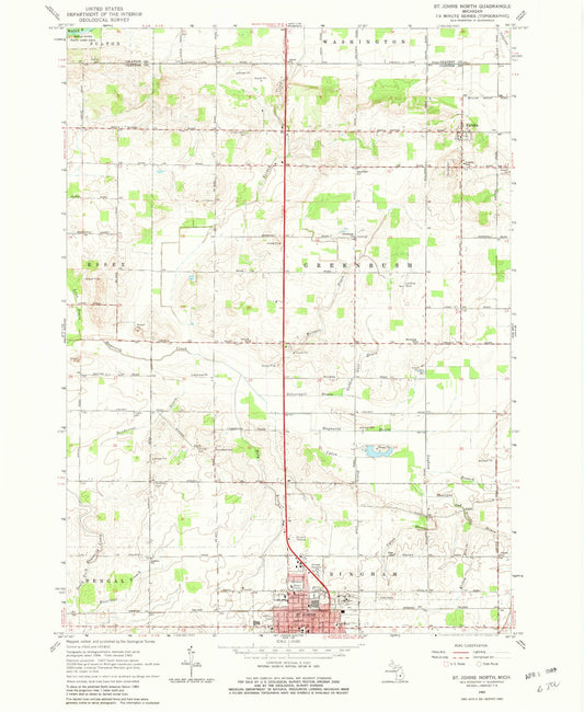 Classic USGS Saint Johns North Michigan 7.5'x7.5' Topo Map Image
