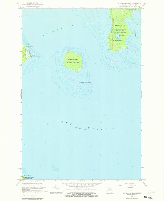 Classic USGS Saint Martin Island Michigan 7.5'x7.5' Topo Map Image