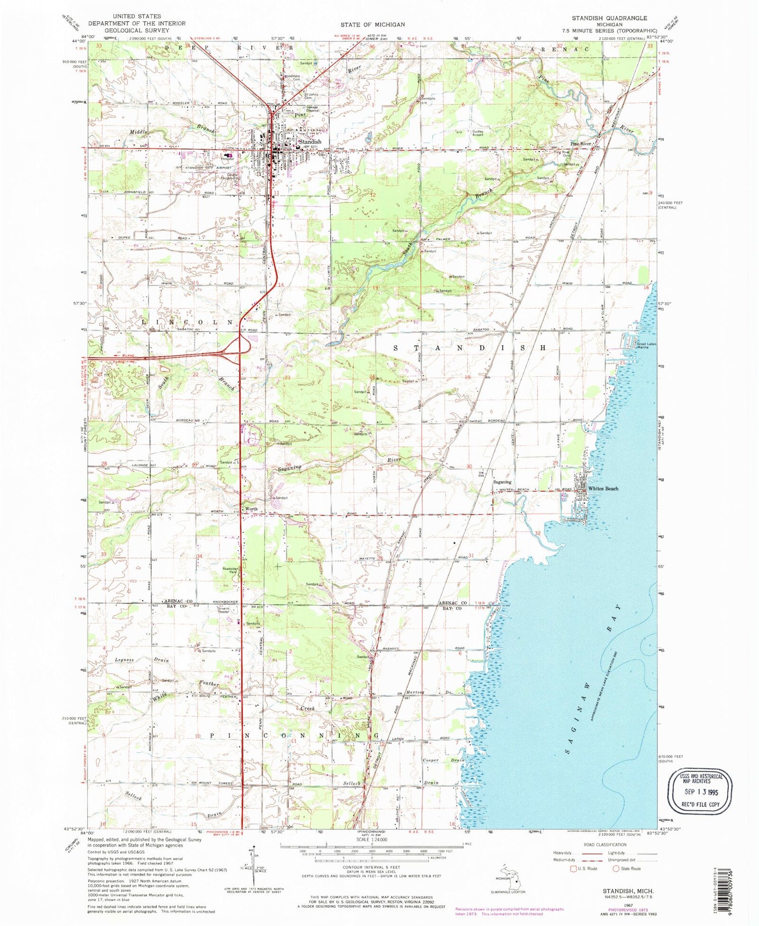 Classic USGS Standish Michigan 7.5'x7.5' Topo Map Image