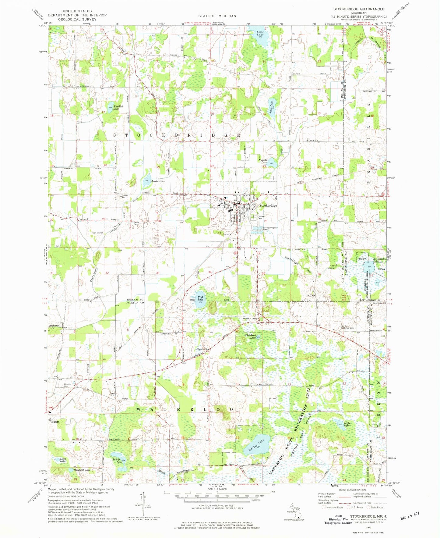 Classic USGS Stockbridge Michigan 7.5'x7.5' Topo Map Image