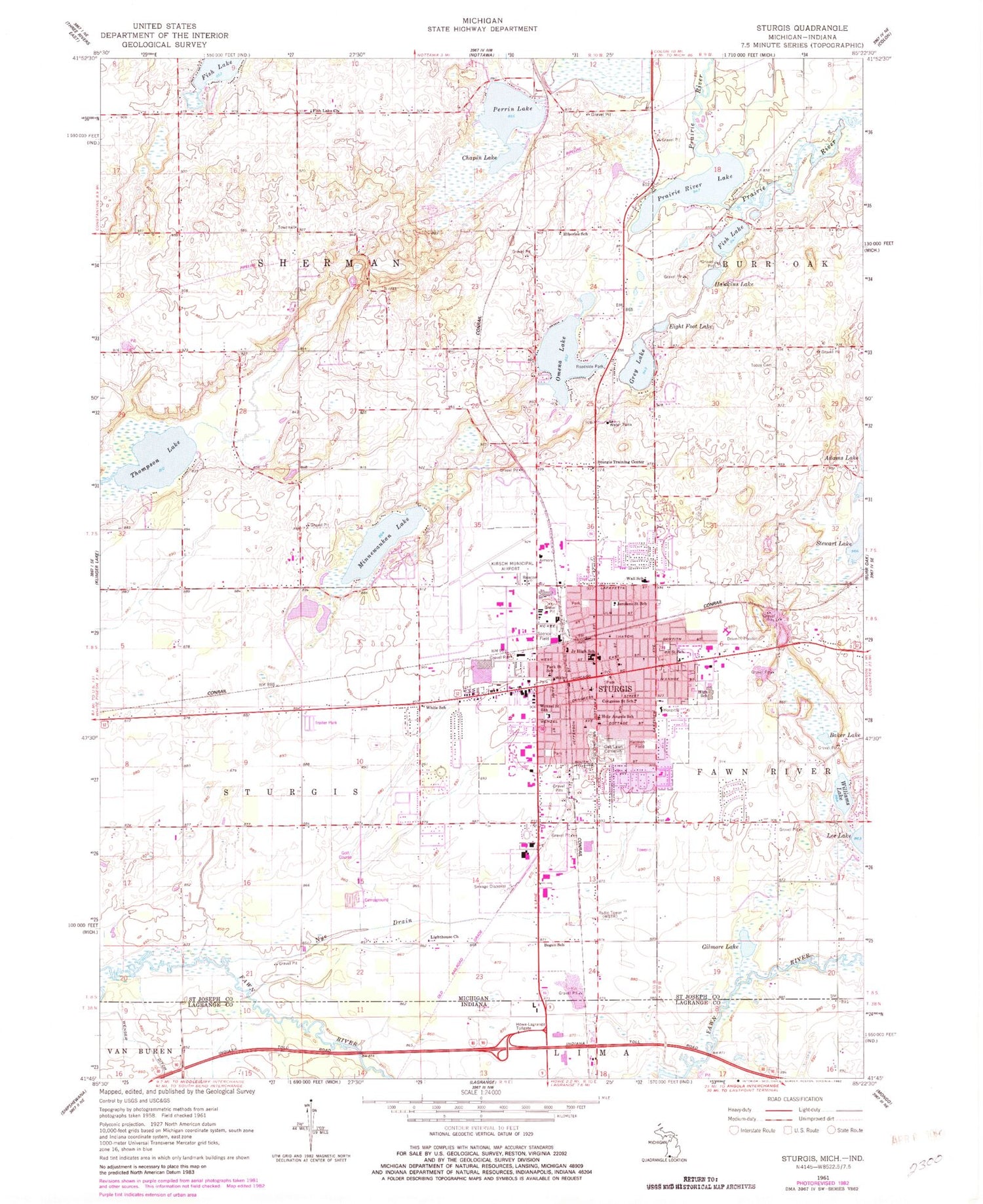 Classic USGS Sturgis Michigan 7.5'x7.5' Topo Map Image