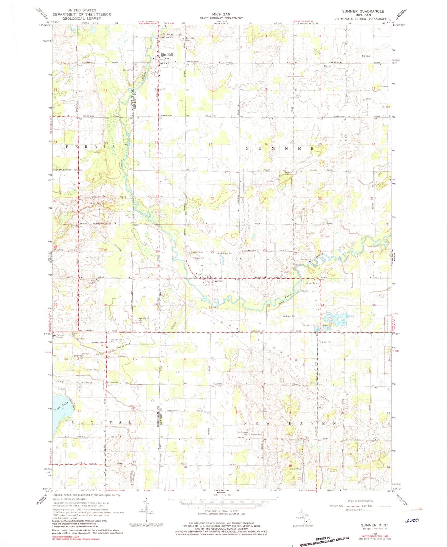 Classic USGS Sumner Michigan 7.5'x7.5' Topo Map Image