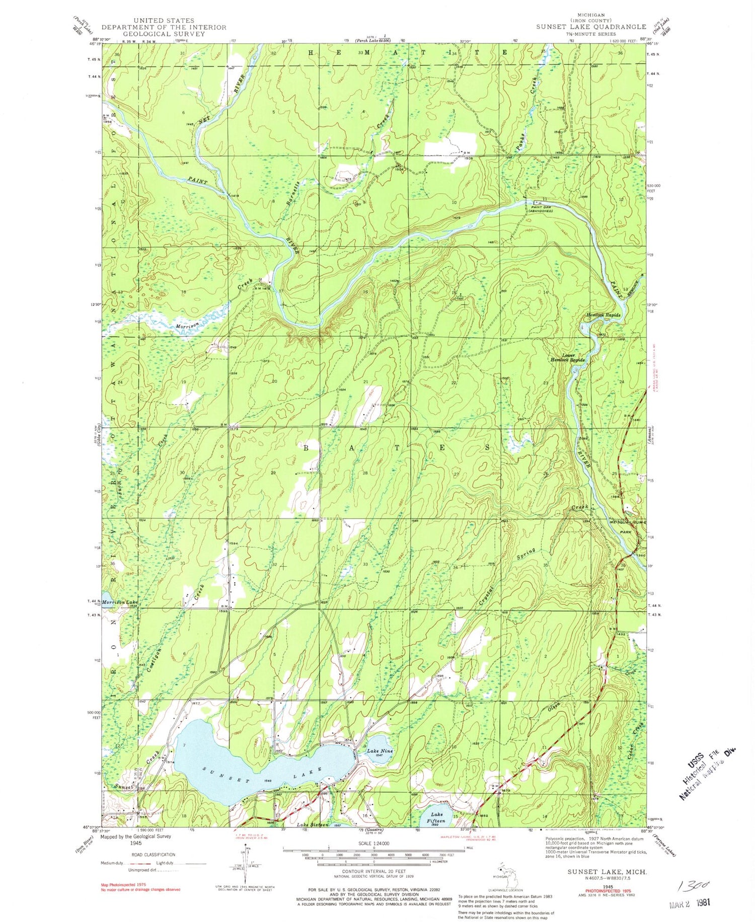 Classic USGS Sunset Lake Michigan 7.5'x7.5' Topo Map Image