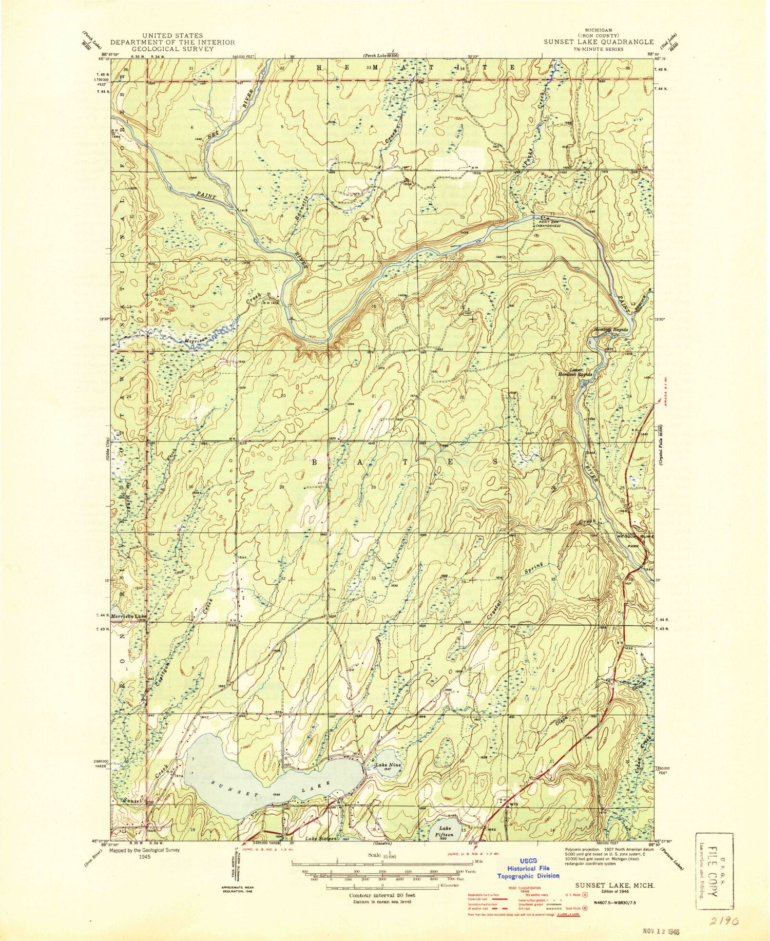 Classic USGS Sunset Lake Michigan 7.5'x7.5' Topo Map Image