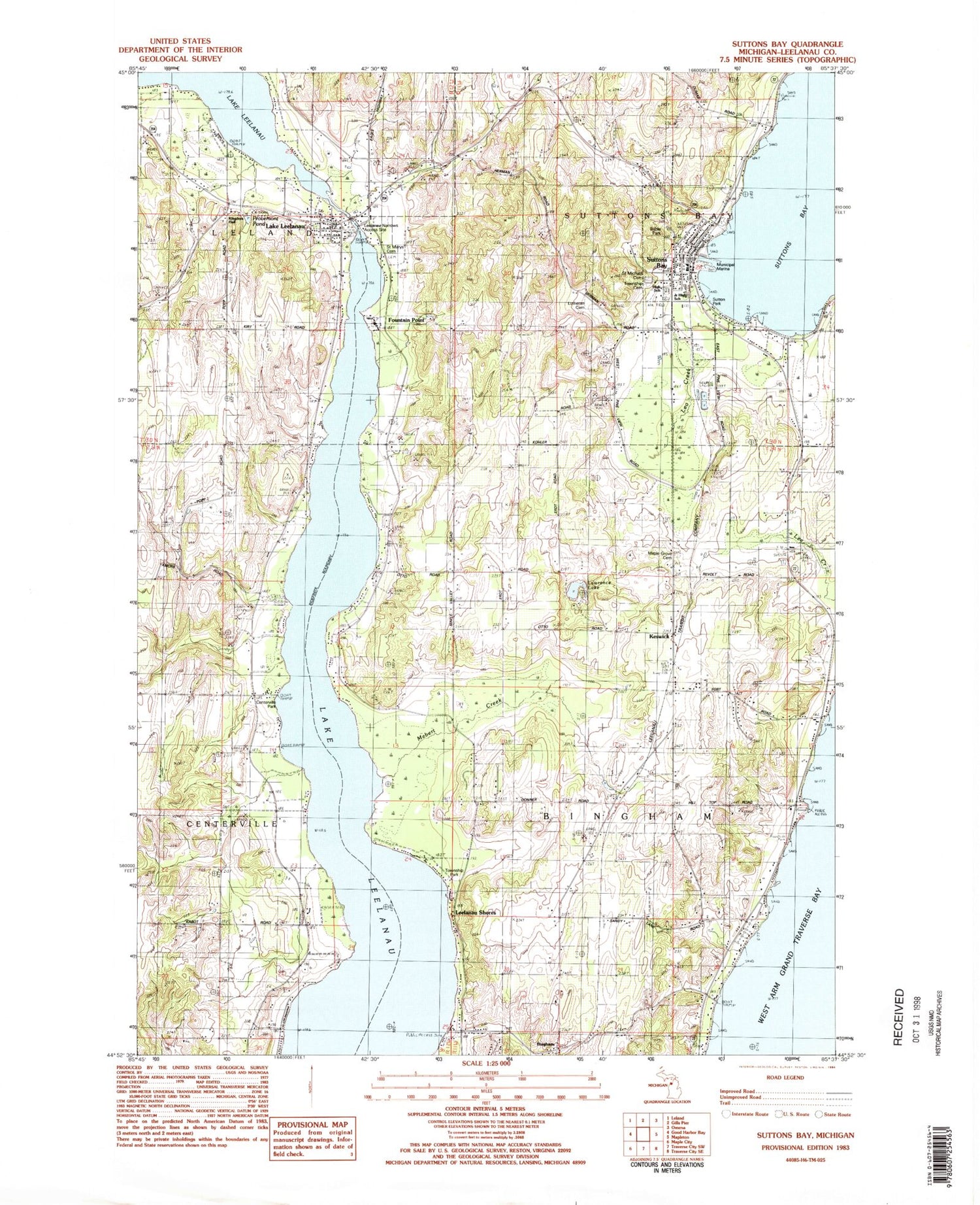 Classic USGS Suttons Bay Michigan 7.5'x7.5' Topo Map Image