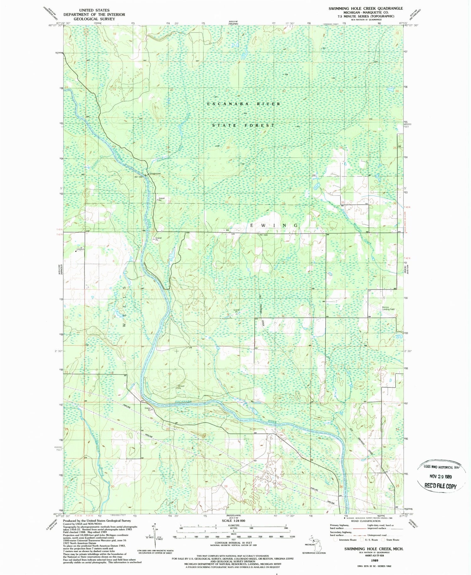 Classic USGS Swimming Hole Creek Michigan 7.5'x7.5' Topo Map Image