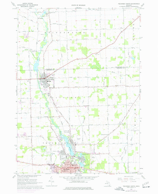 Classic USGS Tecumseh North Michigan 7.5'x7.5' Topo Map Image