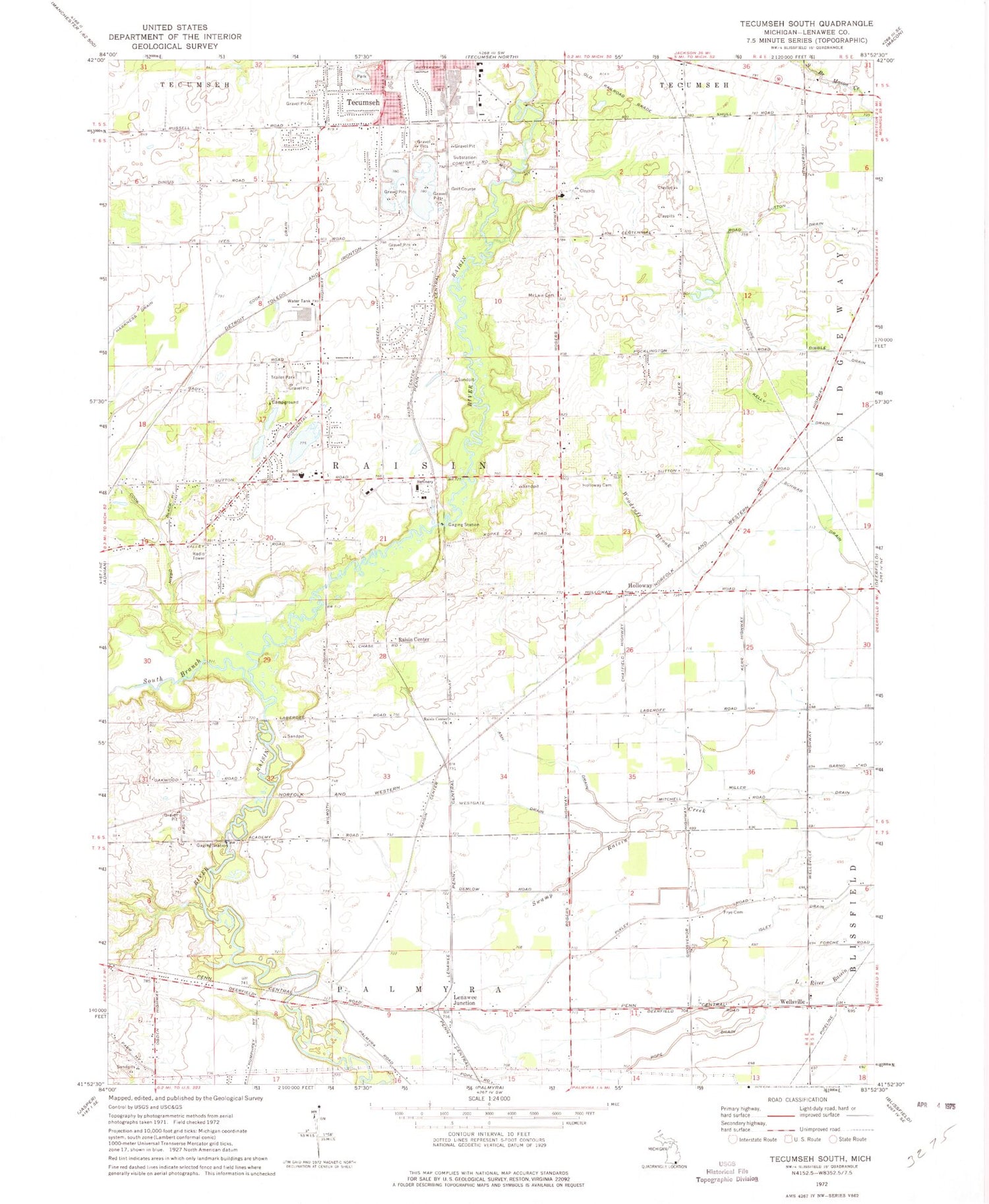 Classic USGS Tecumseh South Michigan 7.5'x7.5' Topo Map Image