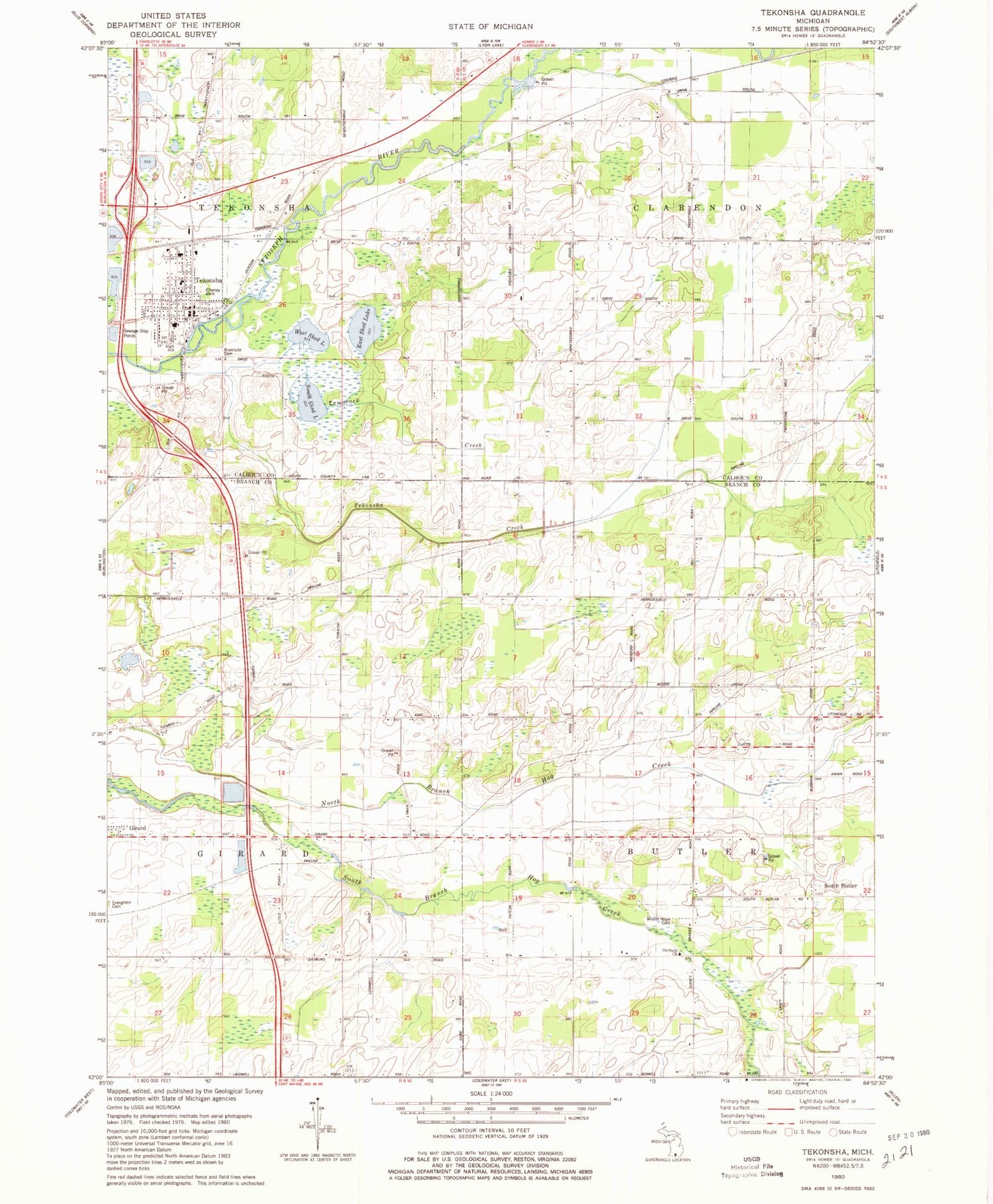 Classic USGS Tekonsha Michigan 7.5'x7.5' Topo Map Image