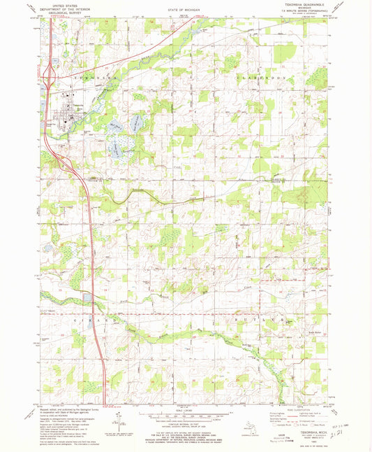 Classic USGS Tekonsha Michigan 7.5'x7.5' Topo Map Image