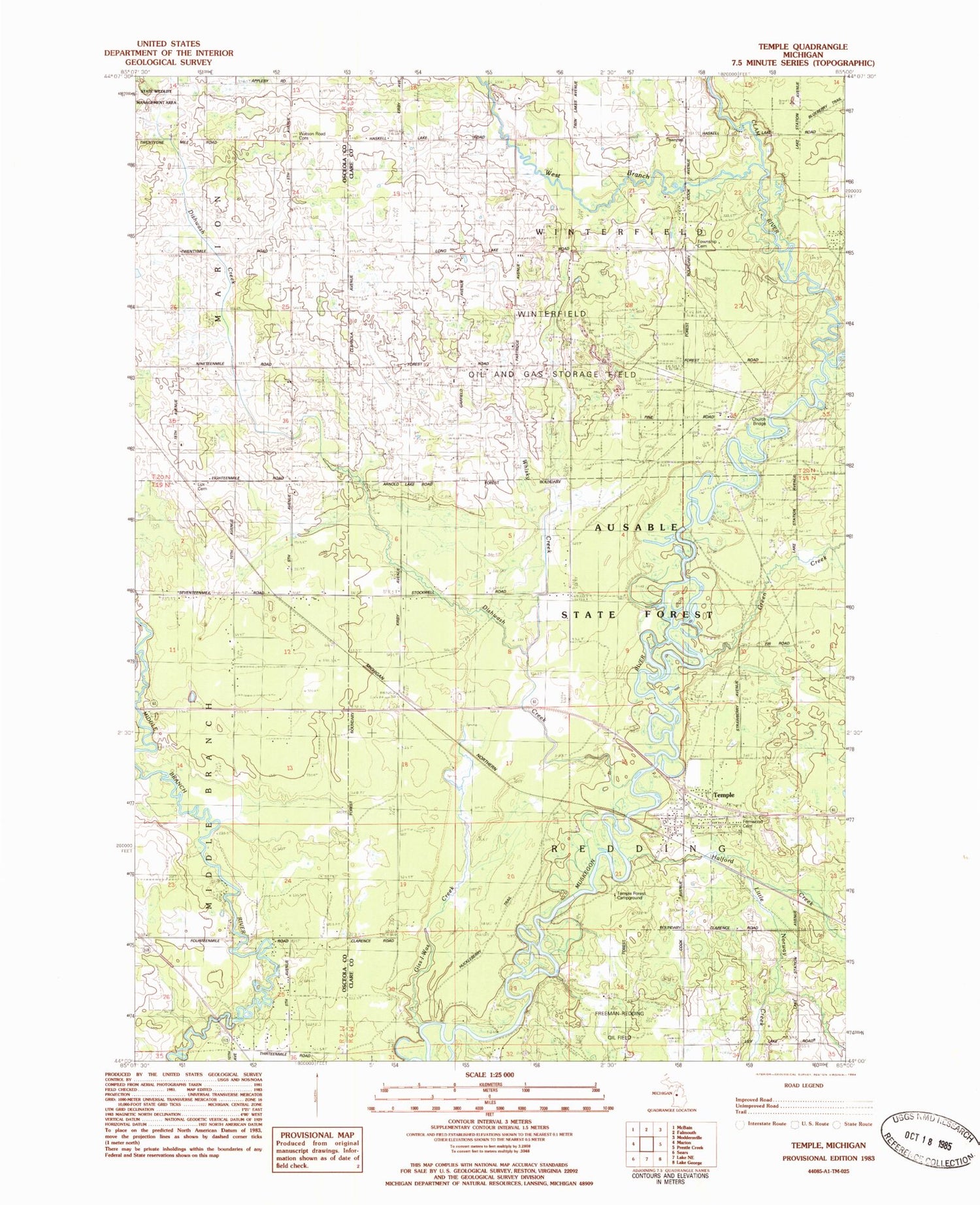 Classic USGS Temple Michigan 7.5'x7.5' Topo Map Image