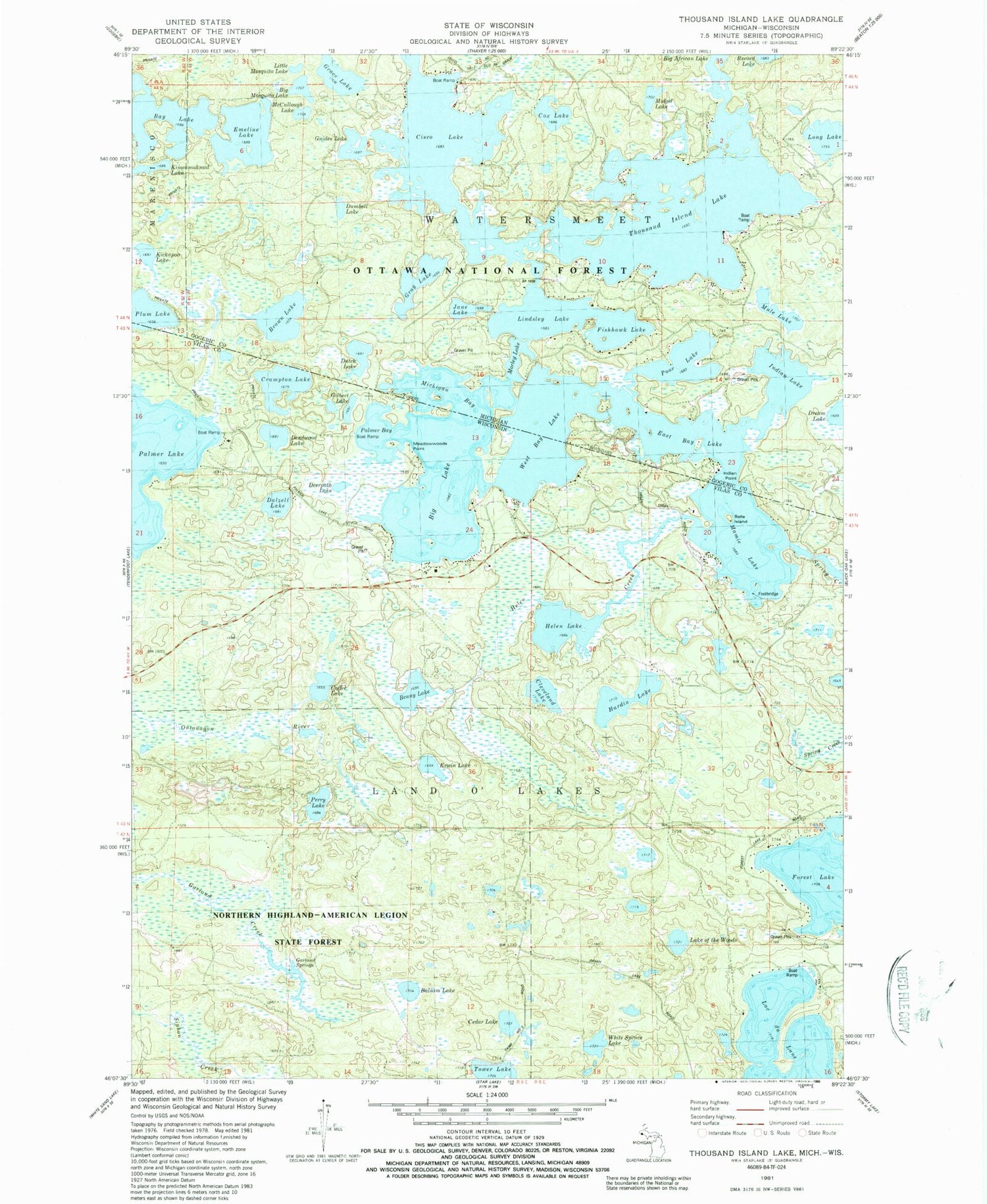 Classic USGS Thousand Island Lake Michigan 7.5'x7.5' Topo Map Image