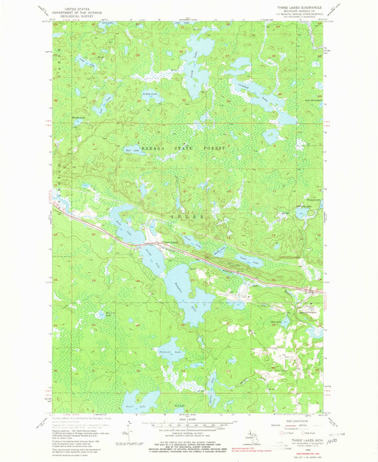 Classic USGS Three Lakes Michigan 7.5'x7.5' Topo Map Image