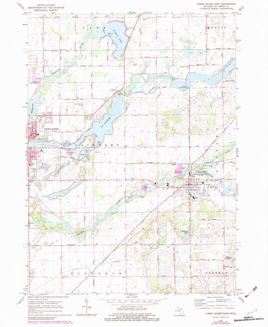 Classic USGS Three Rivers East Michigan 7.5'x7.5' Topo Map Image