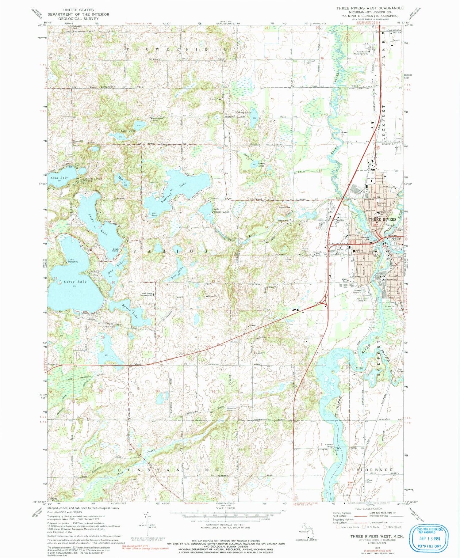 Classic USGS Three Rivers West Michigan 7.5'x7.5' Topo Map Image