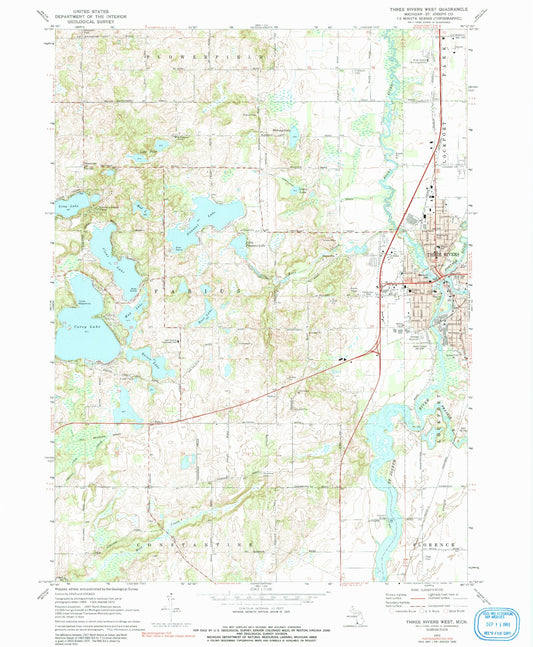 Classic USGS Three Rivers West Michigan 7.5'x7.5' Topo Map Image
