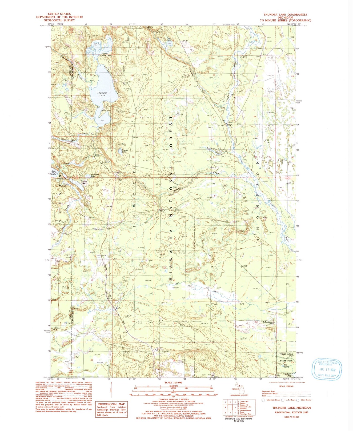 Classic USGS Thunder Lake Michigan 7.5'x7.5' Topo Map Image