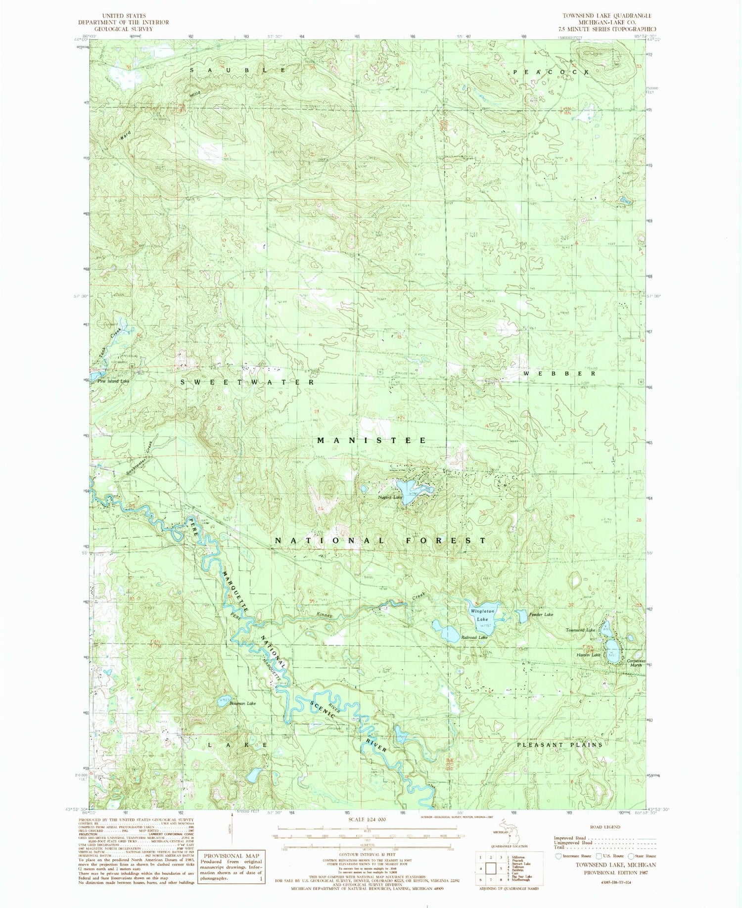 Classic USGS Townsend Lake Michigan 7.5'x7.5' Topo Map Image