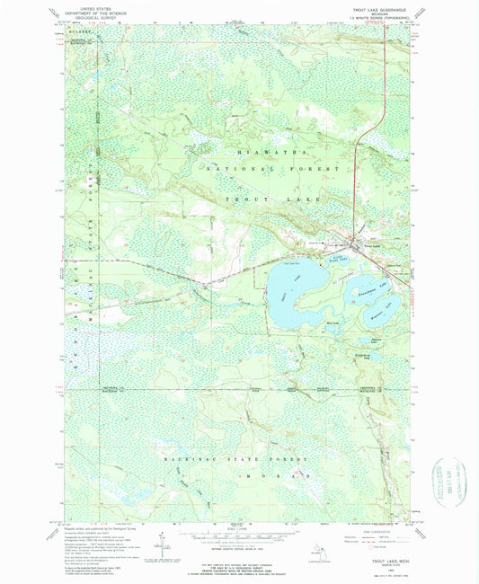 Classic USGS Trout Lake Michigan 7.5'x7.5' Topo Map Image