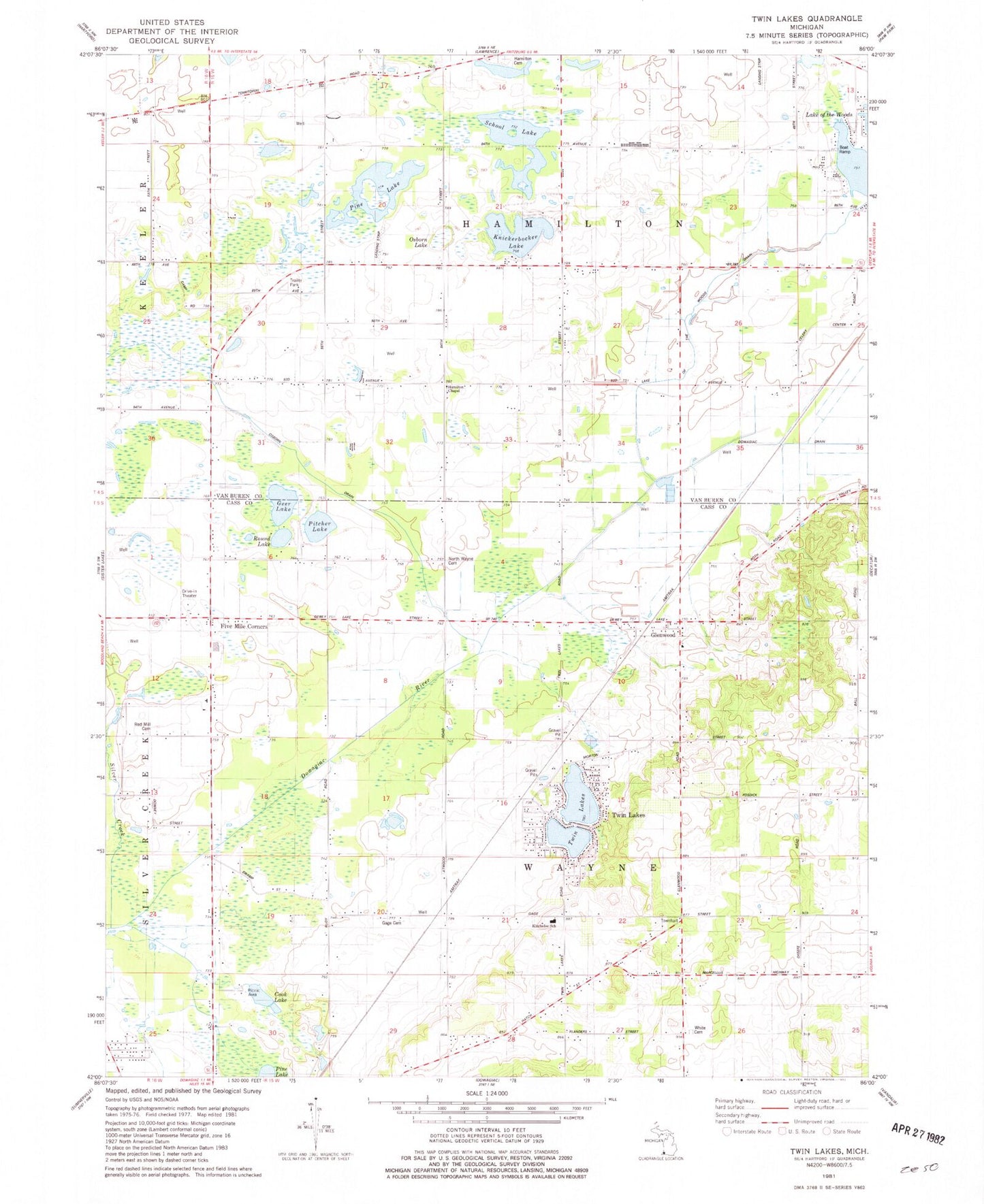 Classic USGS Twin Lakes Michigan 7.5'x7.5' Topo Map Image
