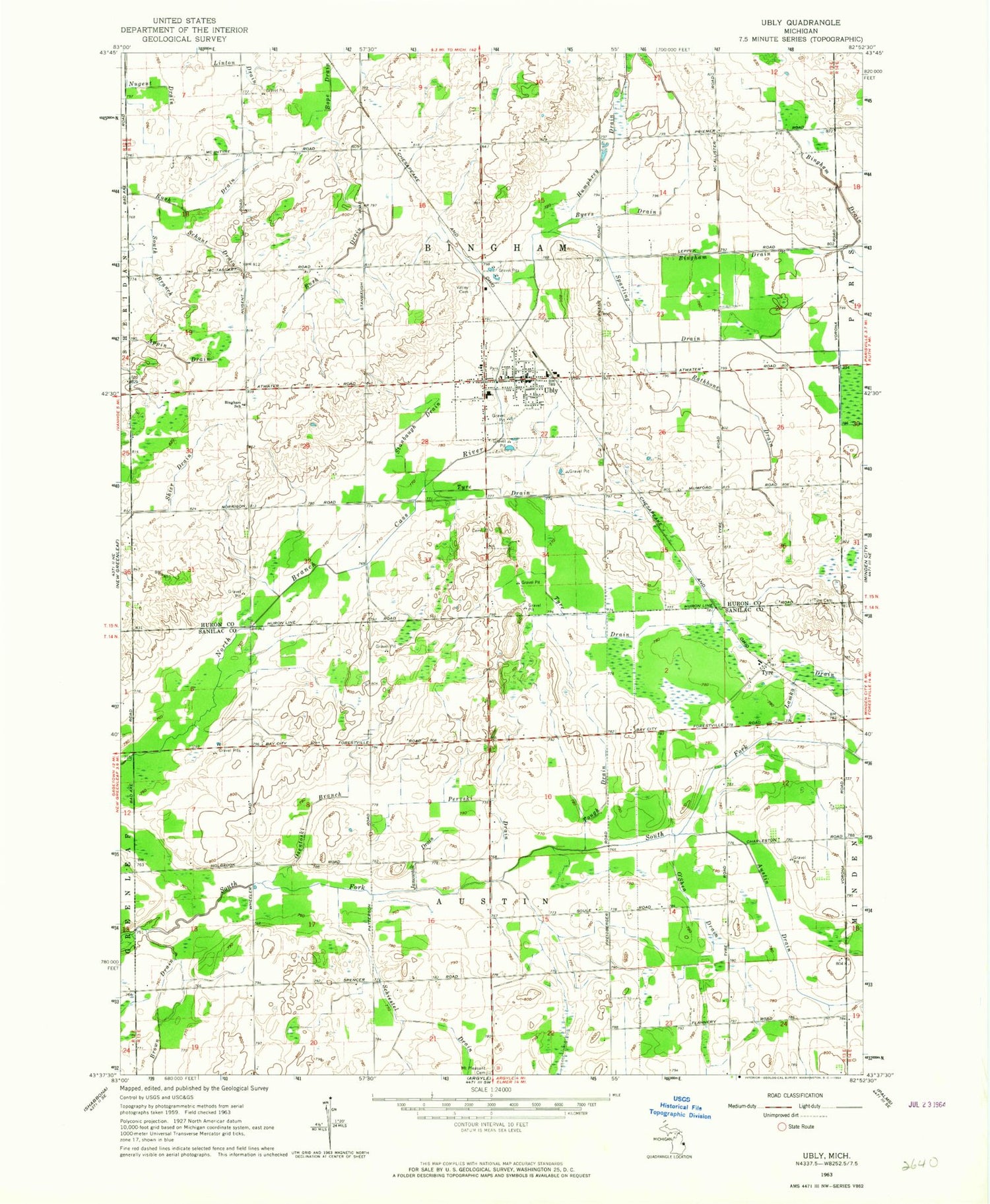 Classic USGS Ubly Michigan 7.5'x7.5' Topo Map Image