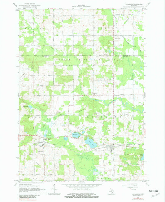 Classic USGS Vestaburg Michigan 7.5'x7.5' Topo Map Image