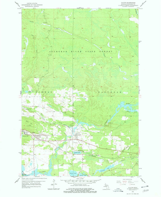 Classic USGS Vulcan Michigan 7.5'x7.5' Topo Map Image